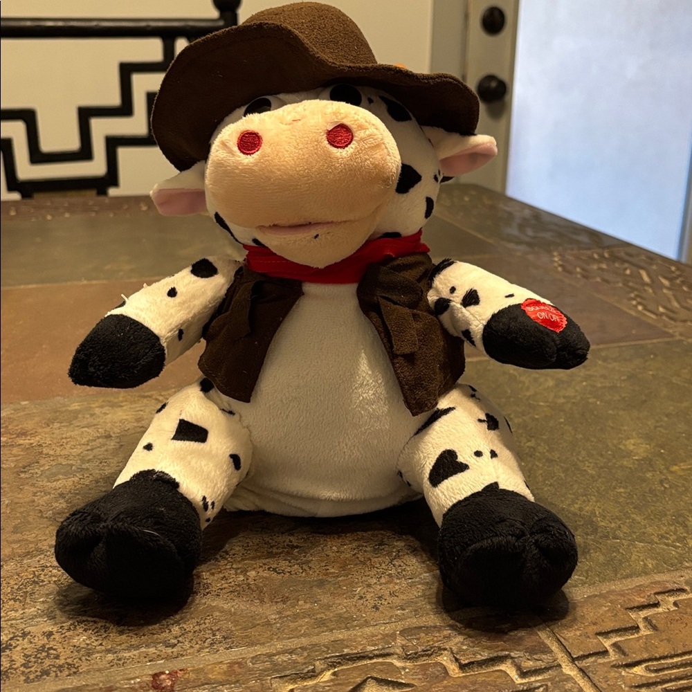 Cowboy Cow Plush Toy with Red Bandana Sings Achy Breaky Heart